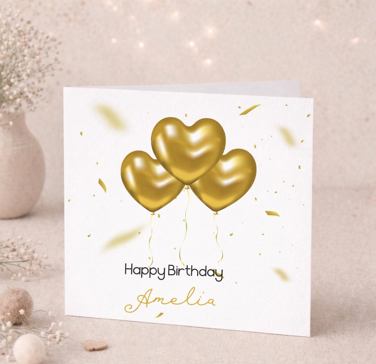Personalised Gold Heart Balloon Birthday Card, Custom Name Birthday Card for Her, Elegant Birthday Greeting Card, Customisable Card