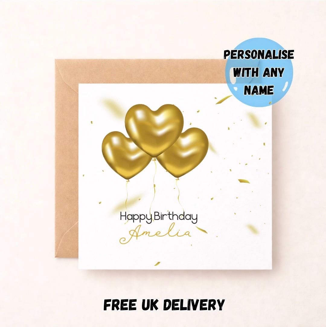 Personalised Gold Heart Balloon Birthday Card, Custom Name Birthday Card for Her, Elegant Birthday Greeting Card, Customisable Card