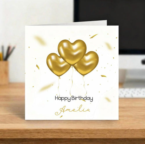 Personalised Gold Heart Balloon Birthday Card, Custom Name Birthday Card for Her, Elegant Birthday Greeting Card, Customisable Card